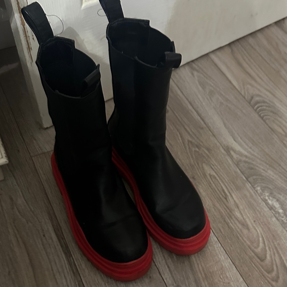 Black Ankle Booties with Red Platform Sole - Pull-On Style